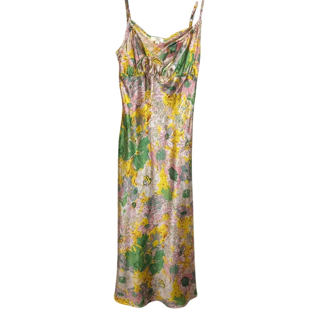 Dizzy Lizzy Floral Slip Dress Midi Pink Green Yellow Tie Front Size M